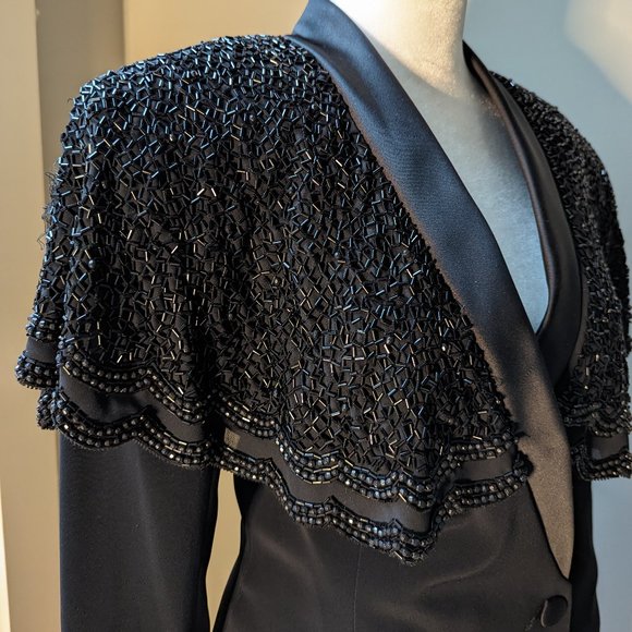 Vintage 80's Beaded Cape /Tuxedo Mini Dress - Picture 4 of 8